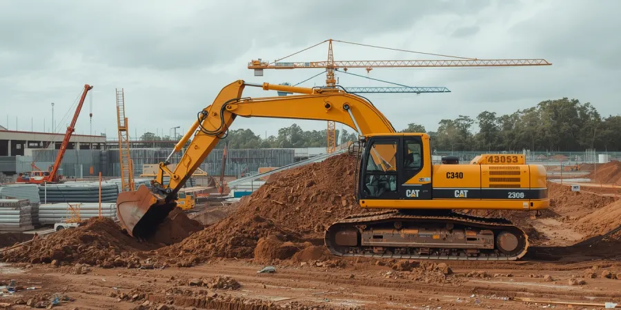 A realistic construction scene featuring a yellow excavator actively digging and unloading soil at a construction site.