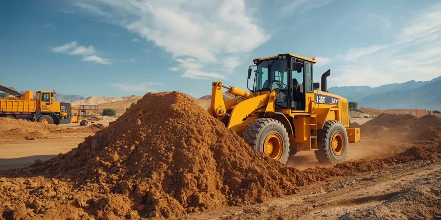 A realistic construction scene depicting a yellow bulldozer pushing a large amount of soil across the construction site.