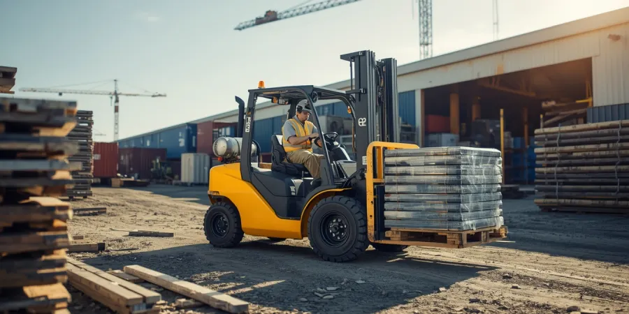 A realistic scene at a construction site featuring a yellow forklift moving construction materials. The background shows a busy storage area, with clear skies and sunlight.