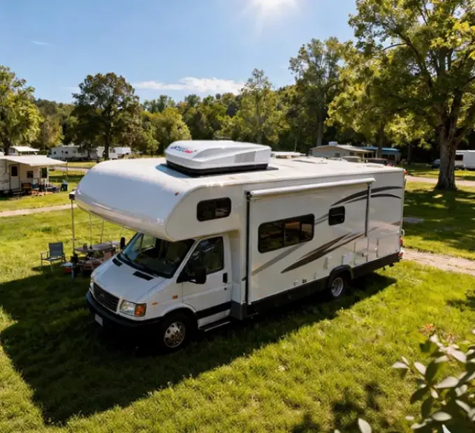 Picture showing a parking RV in the wood with the ACTECmax air conditioner mounted at the top