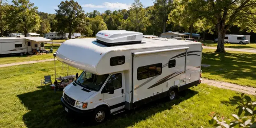 Picture showing the application of ACTECmax air conditioner in a parking RV