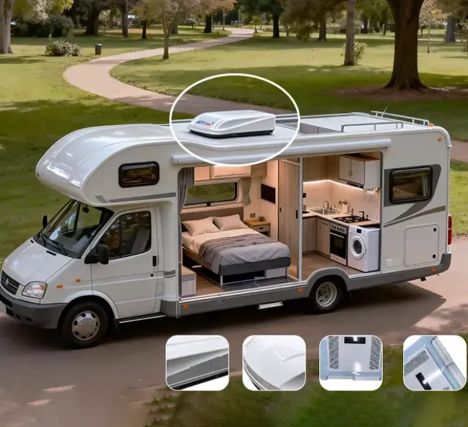 Picture showing a parking RV in the wood with the ACTECmax air conditioner mounted at the top