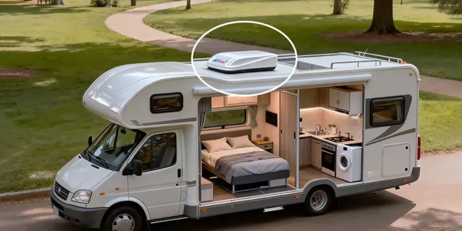 Picture showing the application of ACTECmax air conditioner in a parking RV