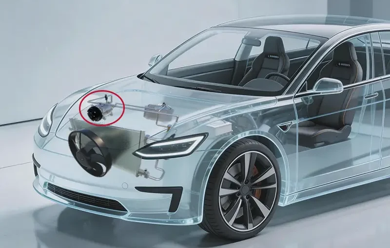 Picturing showing the auto ac system structure and highting the location of the heart part-AC compressor